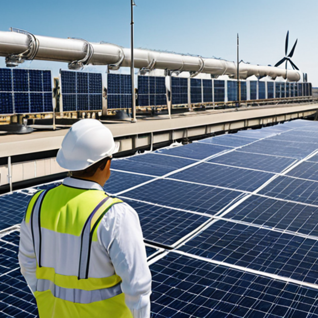 **

A diverse team of engineers and scientists collaborating at a modern desalination plant, showcasing the various career paths available. Focus on teamwork, innovation, and the use of technology. Include a control panel with AI interface. The background should show a large desalination facility with windmills and solar panels, suggesting renewable energy.

**