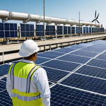**

A diverse team of engineers and scientists collaborating at a modern desalination plant, showcasing the various career paths available. Focus on teamwork, innovation, and the use of technology. Include a control panel with AI interface. The background should show a large desalination facility with windmills and solar panels, suggesting renewable energy.

**