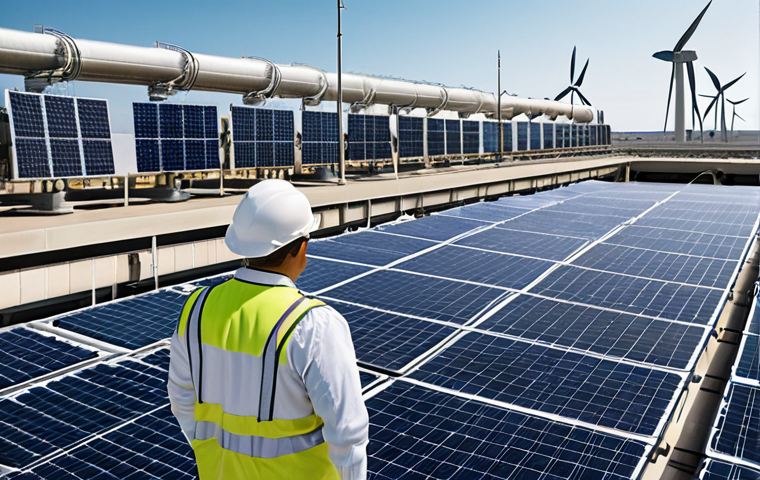 **

A diverse team of engineers and scientists collaborating at a modern desalination plant, showcasing the various career paths available. Focus on teamwork, innovation, and the use of technology. Include a control panel with AI interface. The background should show a large desalination facility with windmills and solar panels, suggesting renewable energy.

**
