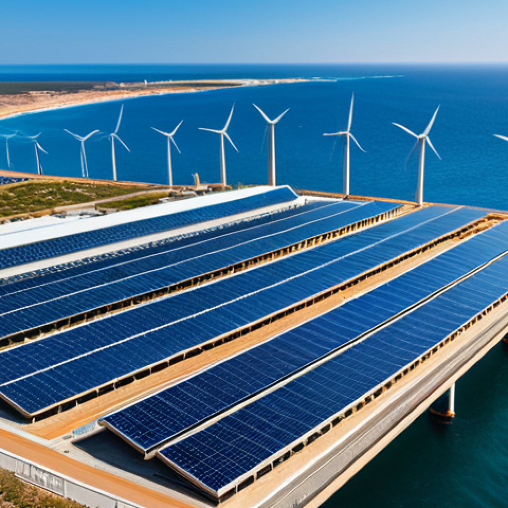 A state-of-the-art Reverse Osmosis (RO) desalination plant positioned on a clean, sunlit coastline. The facility integrates seamlessly with vast arrays of solar panels and elegant wind turbines, symbolizing its commitment to renewable energy and sustainable water production. The architectural design is modern and efficient, with clear blue skies and a calm ocean in the background. The image highlights advanced technology working in harmony with nature to provide fresh water. safe for work, appropriate content, fully clothed, professional, perfect anatomy, correct proportions, natural pose, well-formed hands, proper finger count, natural body proportions, high quality, professional photography.