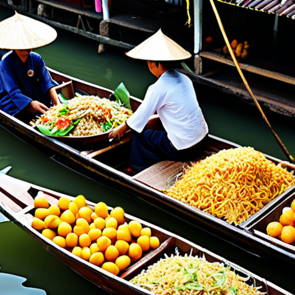 **
A vibrant and bustling scene at a floating market in Thailand (Damnoen Saduak), filled with longtail boats laden with colorful fruits, delicious Thai street food (Pad Thai, Mango Sticky Rice), and local handicrafts. People in traditional Thai clothing are engaging in lively trade. Focus on capturing the rich cultural details, bright colors, and the unique atmosphere. Add "high quality", "professional photography", "safe for work", "appropriate content", "fully clothed", "family-friendly".
**