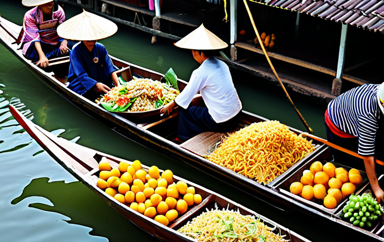**
A vibrant and bustling scene at a floating market in Thailand (Damnoen Saduak), filled with longtail boats laden with colorful fruits, delicious Thai street food (Pad Thai, Mango Sticky Rice), and local handicrafts. People in traditional Thai clothing are engaging in lively trade. Focus on capturing the rich cultural details, bright colors, and the unique atmosphere. Add "high quality", "professional photography", "safe for work", "appropriate content", "fully clothed", "family-friendly".
**