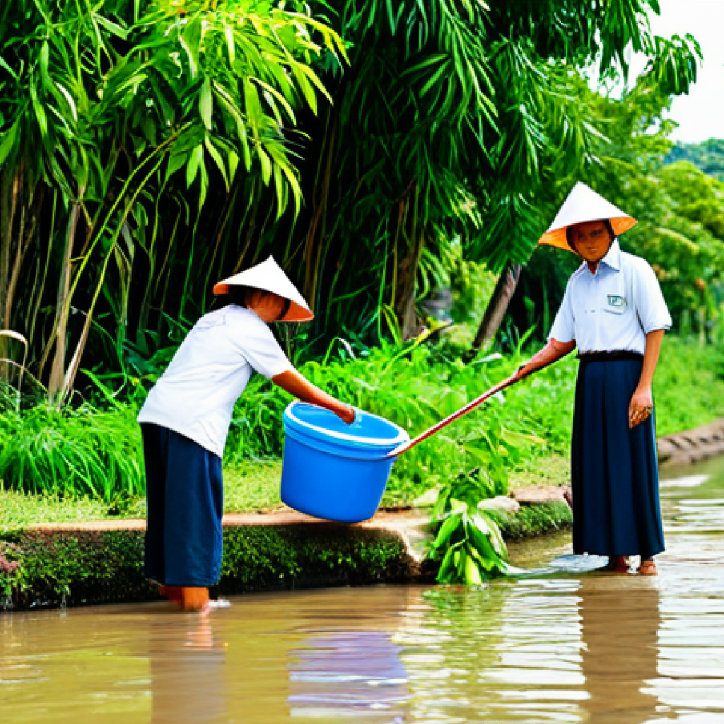 Community Water Conservation**
"A vibrant, family-friendly scene of a Thai village, showcasing community members collaborating on water conservation efforts. People are participating in activities like cleaning a local canal, planting trees along a riverbank, and demonstrating water-saving techniques in a garden. The scene takes place during a sunny day, highlighting lush greenery and clear water. Everyone is fully clothed in appropriate attire. safe for work, appropriate content, perfect anatomy, natural proportions, professional, family-friendly."
**