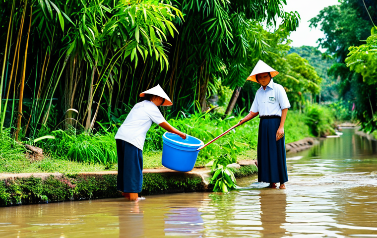 Community Water Conservation**
"A vibrant, family-friendly scene of a Thai village, showcasing community members collaborating on water conservation efforts. People are participating in activities like cleaning a local canal, planting trees along a riverbank, and demonstrating water-saving techniques in a garden. The scene takes place during a sunny day, highlighting lush greenery and clear water. Everyone is fully clothed in appropriate attire. safe for work, appropriate content, perfect anatomy, natural proportions, professional, family-friendly."
**