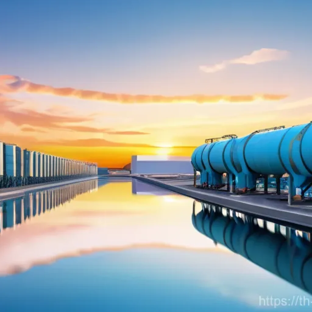 전 세계 담수화 시설 현황 비교 - **Prompt:** A futuristic and hopeful scene depicting a large-scale, advanced desalination plant situ...