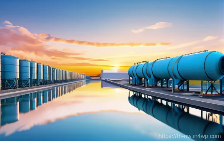 전 세계 담수화 시설 현황 비교 - **Prompt:** A futuristic and hopeful scene depicting a large-scale, advanced desalination plant situ...