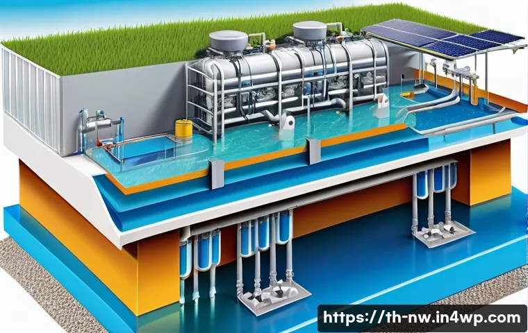 담수화 기술에서의 물질 흐름 분석 - A detailed cross-sectional illustration of a modern freshwater treatment system featuring reverse os...