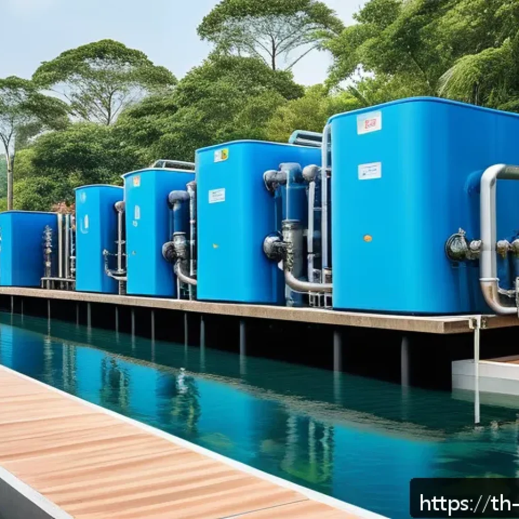 미래 담수화 기술 개발을 위한 로드맵 - A futuristic water purification facility in a tropical Thai coastal setting, showcasing advanced rev...