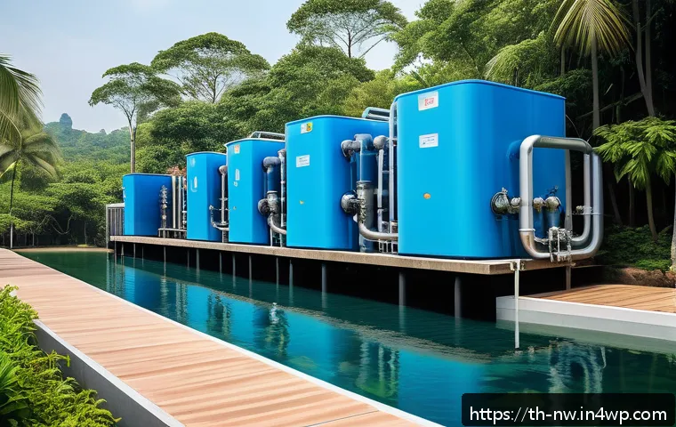 미래 담수화 기술 개발을 위한 로드맵 - A futuristic water purification facility in a tropical Thai coastal setting, showcasing advanced rev...