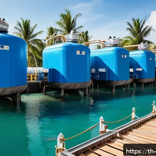 Home 30 담수화 기술의 지리적 분포와 영향 - A high-tech coastal water desalination plant in Southeast Asia during a sunny day, featuring large r...