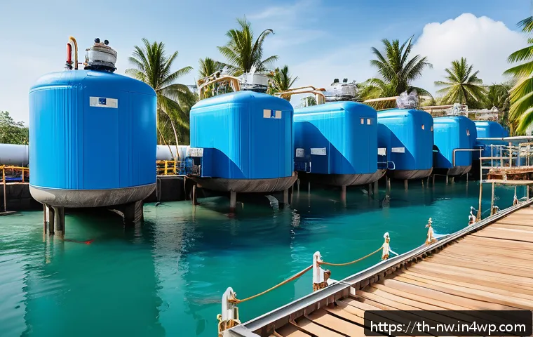 담수화 기술의 지리적 분포와 영향 - A high-tech coastal water desalination plant in Southeast Asia during a sunny day, featuring large r...