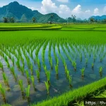 Home 23 담수화 기술의 산업별 응용 사례 - A vibrant agricultural scene in rural Thailand showing farmers working in lush green rice paddies un...