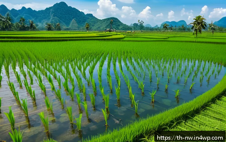 담수화 기술의 산업별 응용 사례 - A vibrant agricultural scene in rural Thailand showing farmers working in lush green rice paddies un...