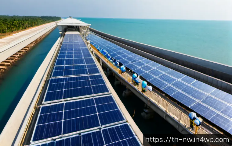 Home 17 전략적 담수화 기술 투자 기업 리스트 - Photorealistic aerial view of a modern seawater desalination facility on Thailand’s Gulf Coast, glea...