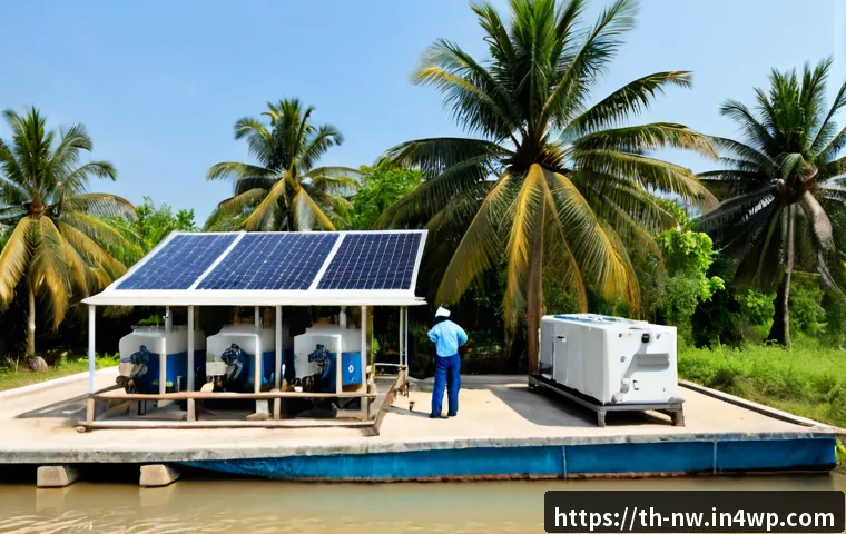 Home 17 담수화 장비의 발전 과정 - Photorealistic historical desalination equipment evolution scene at a tropical Thai coastal research...